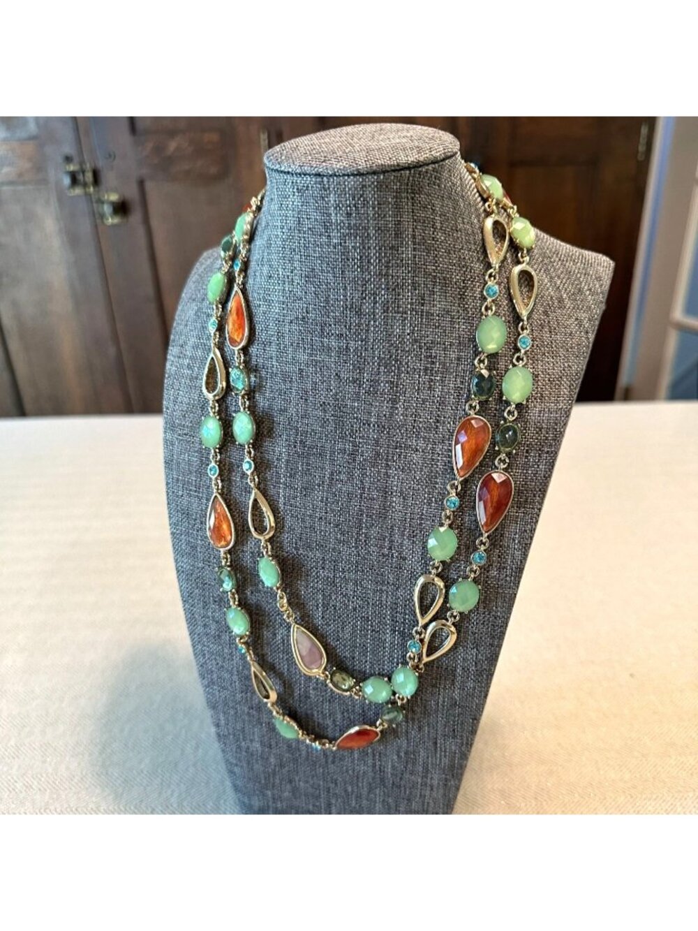 Anne Klein 40" Gold-Tone Peach Green Turquoise Colored Station Layering Necklace